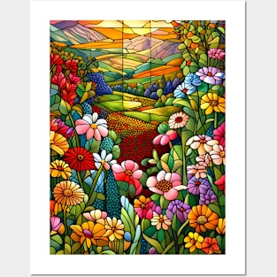 Stained Glass Colorful Mountain Meadow Posters and Art